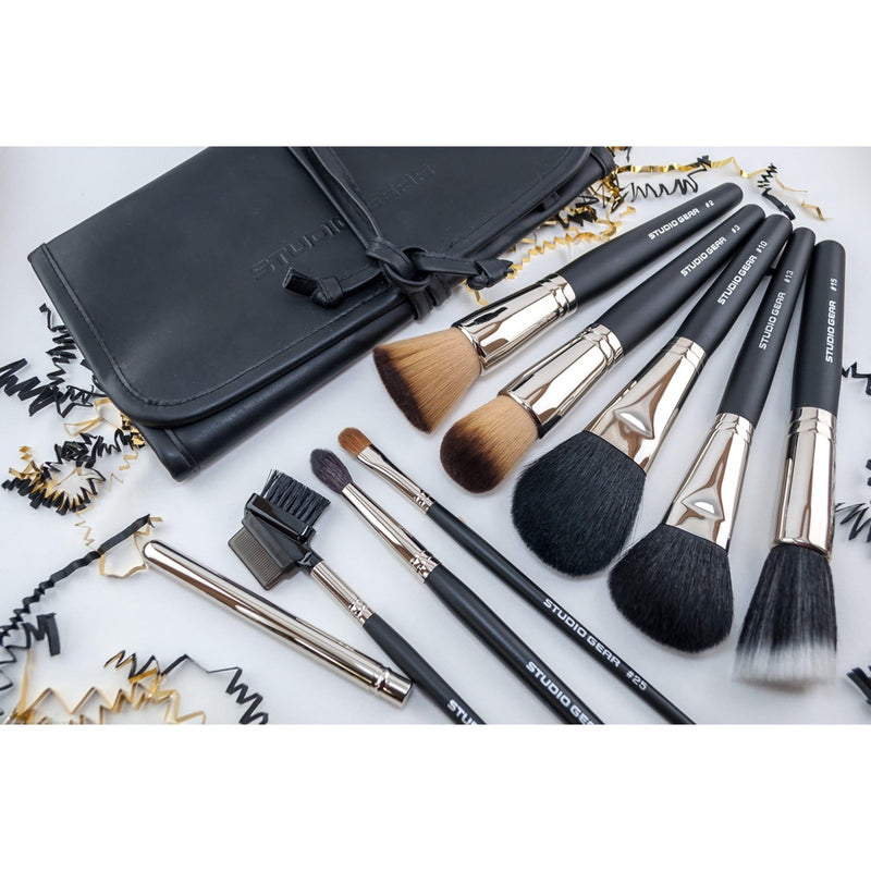 BRUSH SET WITH LEATHER BRUSH ROLL - Studio Gear Cosmetics